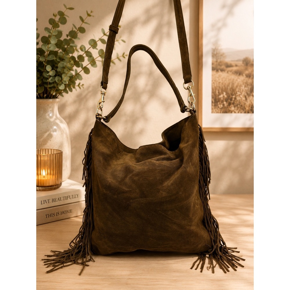 Rebecca Minkoff Olive Brown Suede Fringe Hobo Bag Crossbody Gold Hardware